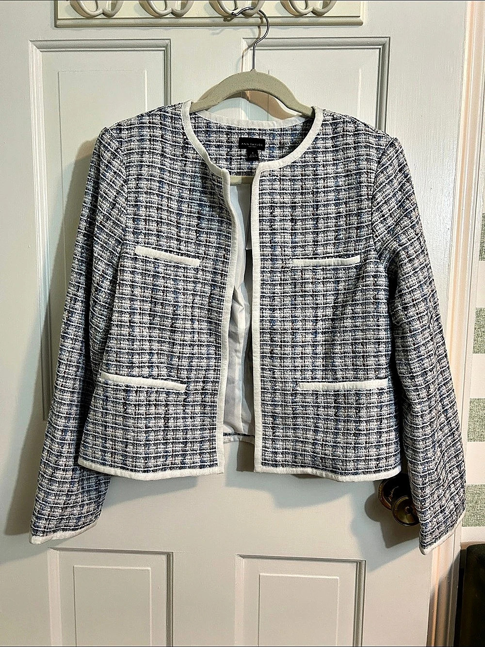 Ann Taylor Factory Tweed Checkered Jacket in Blue & White Size Medium NWT